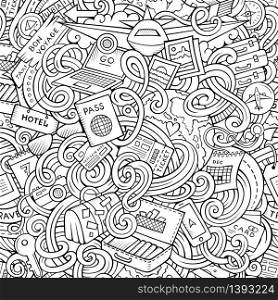 Cartoon cute doodles hand drawn travel planning seamless pattern. Contour detailed, with lots of objects background. Endless funny vector illustration. Line art backdrop.. Cartoon doodles travel planning seamless pattern