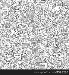 Cartoon cute doodles hand drawn travel planning seamless pattern. Contour detailed, with lots of objects background. Endless funny vector illustration. Line art backdrop.. Cartoon doodles travel planning seamless pattern