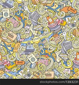 Cartoon cute doodles hand drawn travel planning seamless pattern. Colorful detailed, with lots of objects background. Endless funny vector illustration.. Cartoon doodles travel planning seamless pattern