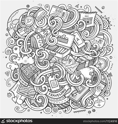 Cartoon cute doodles hand drawn traveling illustration. Line art detailed, with lots of objects background. Funny vector artwork. Sketchy picture with travel planning theme items. Cartoon cute doodles traveling illustration