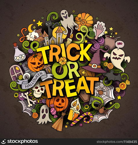 Cartoon cute doodles hand drawn Trick or treat inscription. Colorful illustration with holiday theme items. Detailed, with lots of objects background. Funny vector artwork. Cartoon cute doodles Trick or treat inscription