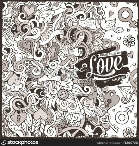 Cartoon cute doodles hand drawn Valentines Day frame design. Line art detailed, with lots of objects background. Funny vector illustration. Sketchy border with Love theme items. Cartoon cute doodles hand drawn Valentines Day frame