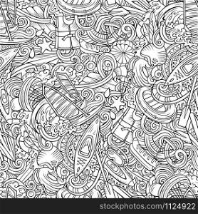 Cartoon cute doodles hand drawn water extreme sports seamless pattern. Line art detailed, with lots of objects active lifestyle background. Endless funny vector illustration. All objects separate.. Cartoon cute doodles hand drawn water extreme sports seamless pattern.