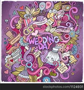 Cartoon cute doodles hand drawn wedding illustration. Colorful detailed, with lots of objects background. Funny vector artwork. Bright colors picture with love items. Cartoon cute doodles hand drawn wedding illustration