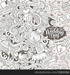 Cartoon cute doodles hand drawn wedding illustration. Line art detailed, with lots of objects background. Funny vector artwork. Sketch picture with marriage theme items. Square composition. Cartoon cute doodles wedding frame