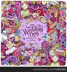 Cartoon cute doodles hand drawn wedding illustration. Line art detailed, with lots of objects background. Funny vector artwork. Colorful picture with marriage theme items. Square composition. Cartoon cute doodles hand drawn wedding illustration