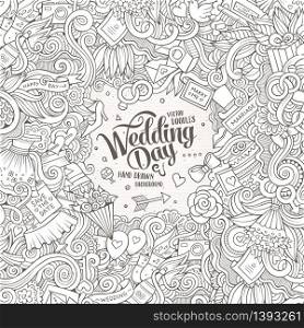 Cartoon cute doodles hand drawn wedding illustration. Line art detailed, with lots of objects background. Funny vector artwork. Sketch picture with marriage theme items. Square composition. Cartoon cute doodles hand drawn wedding illustration