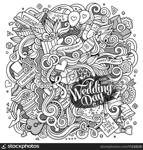 Cartoon cute doodles hand drawn wedding illustration. Sketch detailed, with lots of objects background. Funny vector artwork. Line art picture with love items. Cartoon cute doodles hand drawn wedding illustration