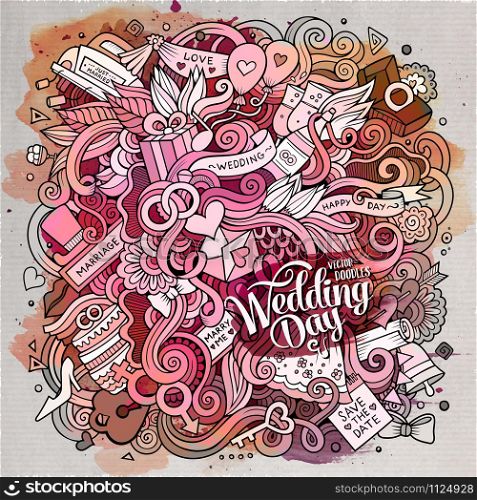 Cartoon cute doodles hand drawn wedding illustration. Watercolor detailed, with lots of objects background. Funny vector artwork. Line art picture with love items. Cartoon cute doodles hand drawn wedding illustration