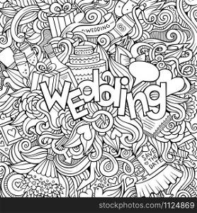 Cartoon cute doodles hand drawn Wedding inscription. Sketchy illustration with marriage theme items. Line art detailed, with lots of objects background. Funny vector artwork. Cartoon cute doodles hand drawn Wedding inscription