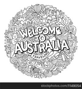 Cartoon cute doodles hand drawn Welcome to Australia inscription. Contour illustration. Line art detailed, with lots of objects background. Funny vector artwork. Cartoon cute doodles hand drawn Welcome to Australia inscription