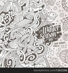 Cartoon cute doodles hand drawn Winter season frame design. Line art detailed, with lots of objects background. Funny vector illustration. Cartoon cute doodles Winter season frame design
