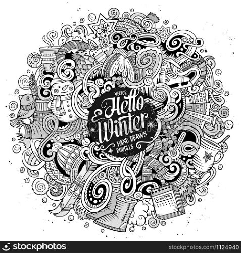 Cartoon cute doodles hand drawn Winter season illustration. Line art detailed, with lots of objects background. Funny vector artwork. Cartoon doodles Winter season illustration