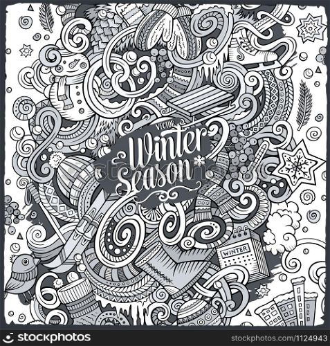 Cartoon cute doodles hand drawn Winter season illustration. Line art detailed, with lots of objects background. Funny vector artwork. Cartoon doodles Winter season illustration