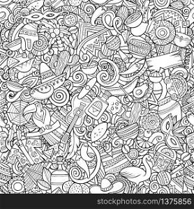Cartoon cute doodles Latin America seamless pattern. Line art detailed, with lots of objects background. All objects separate. Backdrop with latinamerican symbols and items. Cartoon cute doodles Latin America seamless pattern