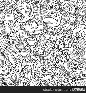 Cartoon cute doodles Latin America seamless pattern. Line art detailed, with lots of objects background. All objects separate. Backdrop with latinamerican symbols and items. Cartoon cute doodles Latin America seamless pattern