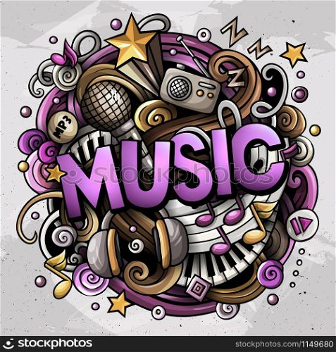 Cartoon cute doodles Music word. Colorful illustration. Background with lots of separate objects. Funny vector artwork. Cartoon cute doodles Music word. Colorful illustration