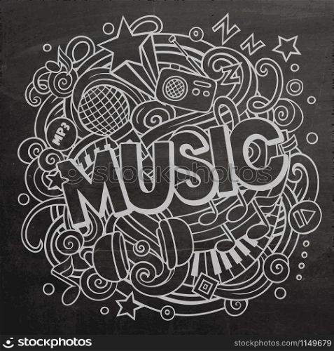 Cartoon cute doodles Music word. Line art illustration. Background with lots of separate objects. Funny vector artwork. Cartoon cute doodles Music word
