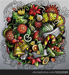 Cartoon cute doodles New Year and Coronavirus illustration. Colorful detailed, with lots of objects background. All objects separate. Greeting card with Christmas and Covid symbols and items. Cartoon cute doodles New Year and Coronavirus illustration