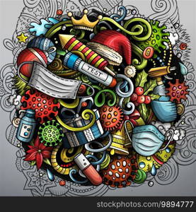 Cartoon cute doodles New Year and Coronavirus illustration. Colorful detailed, with lots of objects background. All objects separate. Greeting card with Christmas and Covid symbols and items. Cartoon cute doodles New Year and Coronavirus illustration