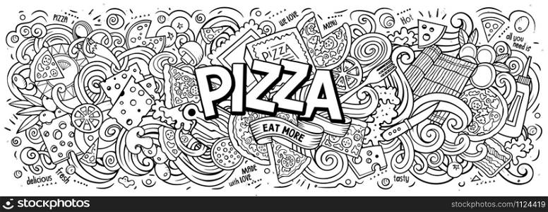 Cartoon cute doodles Pizza word. Colorful horizontal illustration. Background with lots of separate objects. Funny vector artwork. Cartoon cute doodles Pizza word