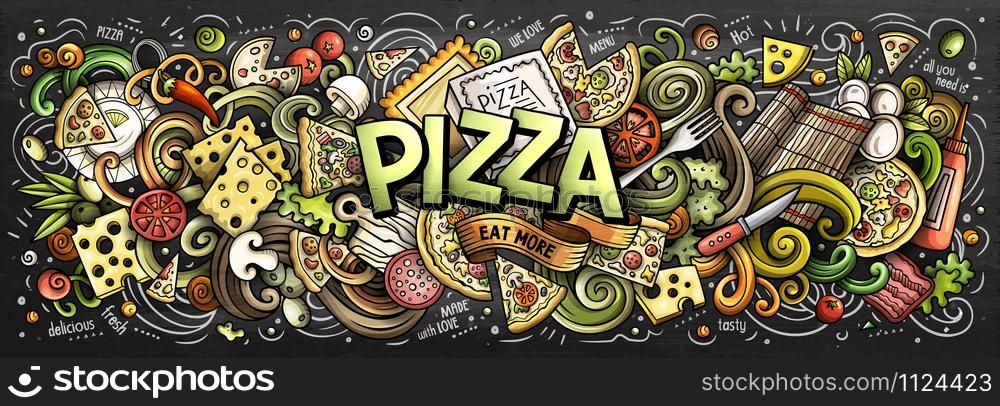 Cartoon cute doodles Pizza word. Colorful horizontal illustration. Background with lots of separate objects. Funny vector artwork. Cartoon cute doodles Pizza word. Colorful horizontal illustration.