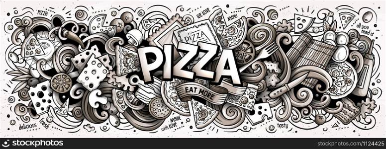 Cartoon cute doodles Pizza word. Line art horizontal illustration. Background with lots of separate objects. Funny vector artwork. Cartoon cute doodles Pizza word. Line art horizontal illustration.
