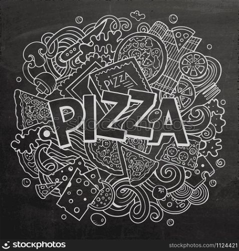 Cartoon cute doodles Pizza word. Line art illustration. Background with lots of separate objects. Funny vector artwork. Cartoon cute doodles Pizza word