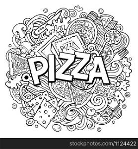Cartoon cute doodles Pizza word. Line art illustration. Background with lots of separate objects. Funny vector artwork. Cartoon cute doodles Pizza word
