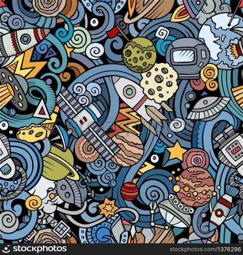 Cartoon cute doodles Space seamless pattern. Colorful detailed, with lots of objects background. All objects separate. Backdrop with cosmic symbols and items. Cartoon cute doodles Space seamless pattern