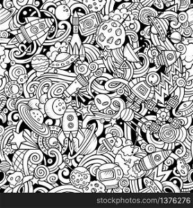Cartoon cute doodles Space seamless pattern. Line art detailed, with lots of objects background. All objects separate. Backdrop with cosmic symbols and items. Cartoon cute doodles Space seamless pattern