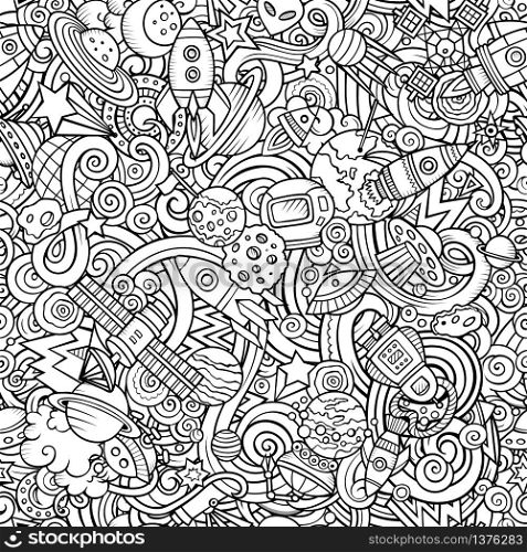 Cartoon cute doodles Space seamless pattern. Line art detailed, with lots of objects background. All objects separate. Backdrop with cosmic symbols and items. Cartoon cute doodles Space seamless pattern