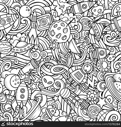 Cartoon cute doodles Space seamless pattern. Line art detailed, with lots of objects background. All objects separate. Backdrop with cosmic symbols and items. Cartoon cute doodles Space seamless pattern