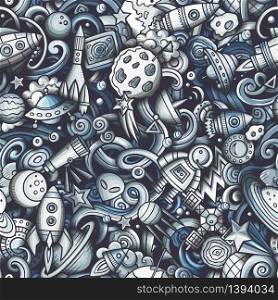 Cartoon cute doodles Space seamless pattern. Monochrome detailed, with lots of objects background. All objects separate. Backdrop with cosmic symbols and items. Cartoon cute doodles Space seamless pattern