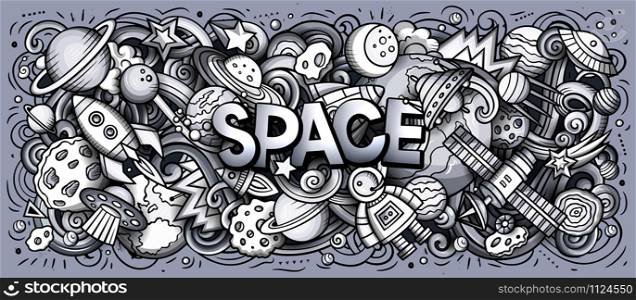 Cartoon cute doodles Space word. Graphics horizontal illustration. Background with lots of separate objects. Funny vector artwork. Cartoon cute doodles Space word. Toned horizontal illustration.