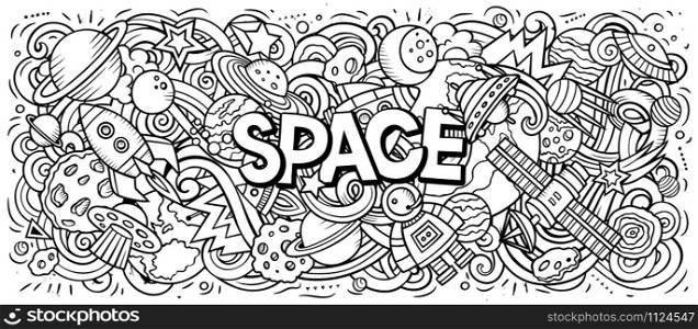 Cartoon cute doodles Space word. line art horizontal illustration. Background with lots of separate objects. Funny vector artwork. Cartoon cute doodles Space word