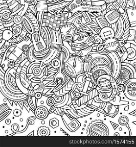 Cartoon cute doodles Vehicle frame card. Line art detailed, with lots of objects background. All objects separate. Border with cars symbols and items. Cartoon cute doodles Vehicle frame. Border with cars symbols and items