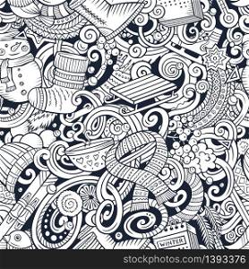 Cartoon cute doodles Winter season seamless pattern. All objects separate. Line art detailed, with lots of objects background. Endless vector illustration.. Cartoon doodles Winter season seamless pattern