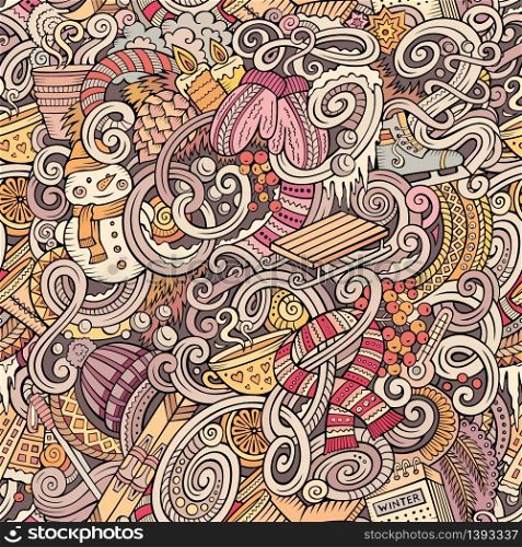 Cartoon cute doodles Winter season seamless pattern. Colorful detailed, with lots of objects background. Endless vector illustration.. Cartoon doodles Winter season seamless pattern