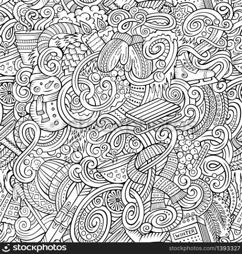 Cartoon cute doodles Winter season seamless pattern. Line art detailed, with lots of objects background. Endless vector illustration.. Cartoon doodles Winter season seamless pattern