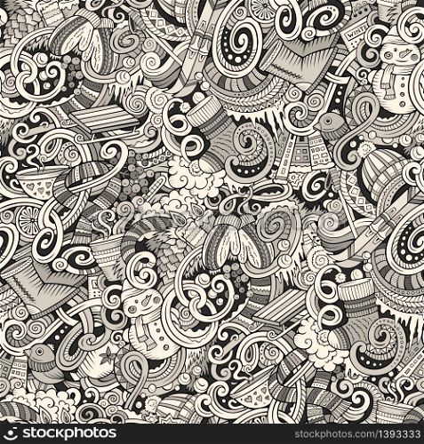 Cartoon cute doodles Winter season seamless pattern. Line art detailed, with lots of objects background. Endless vector illustration.. Cartoon doodles Winter season seamless pattern