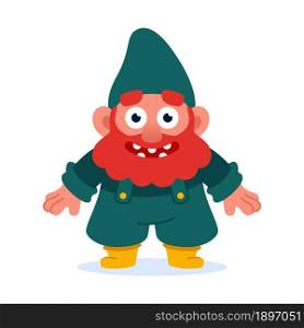 Cartoon cute dwarf with red beard standing and smile. Funny little gnome in yellow wellies. Flat cartoon vector illustration
