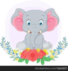 Cartoon cute elephant sitting with flowers background