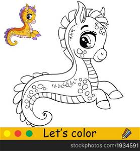Cartoon cute fantasy sea horse. Coloring book for preschool kids with easy educational gaming level. Freehand sketch drawing. Vector illustration. For print, game, education, party, design and decor. Cartoon cute and funny fantasy sea horse coloring