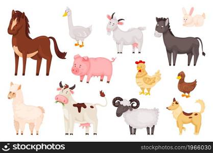 Cartoon cute farm animals and birds, rural domestic livestock. Sheep chicken duck, rabbit, goose, cow, donkey, goat, pig, horse vector set. Farming characters as alpaca and dog isolated