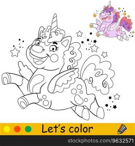 Cartoon cute fluffy unicorn with abstract background. Kids coloring book page. Unicorn character. Black and white vector isolated illustration with colorful template. For coloring, print, game, design. Cartoon fluffy unicorn kids coloring book page vector