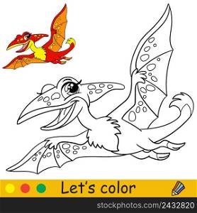 Cartoon cute flying dinosaur pterodactyl. Coloring book page with colorful template for kids. Vector isolated illustration. For coloring book, print, game, party, design. Cartoon cute dinosaur pterodactyl coloring book page vector