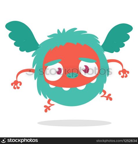 Cartoon Cute Flying Monster. Vector illustration of blue monster character. Halloween design. Funny cartoon monster character