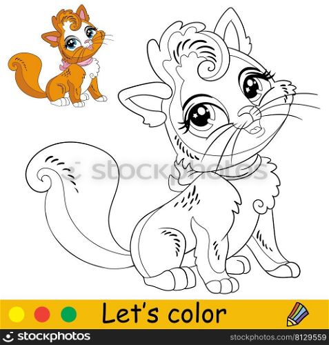 Cartoon cute funny cat in the hat. Coloring book page with colorful template for kids. Vector isolated illustration. For coloring book, print, game, party, design. Cartoon cat coloring book page vector illustration