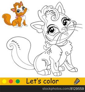 Cartoon cute funny cat in the hat. Coloring book page with colorful template for kids. Vector isolated illustration. For coloring book, print, game, party, design. Cartoon cat coloring book page vector illustration